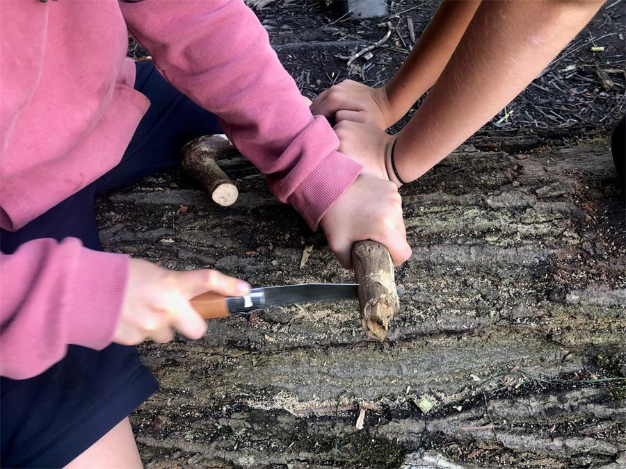Kinder schnitzen gemeinsam an einem Stück Holz